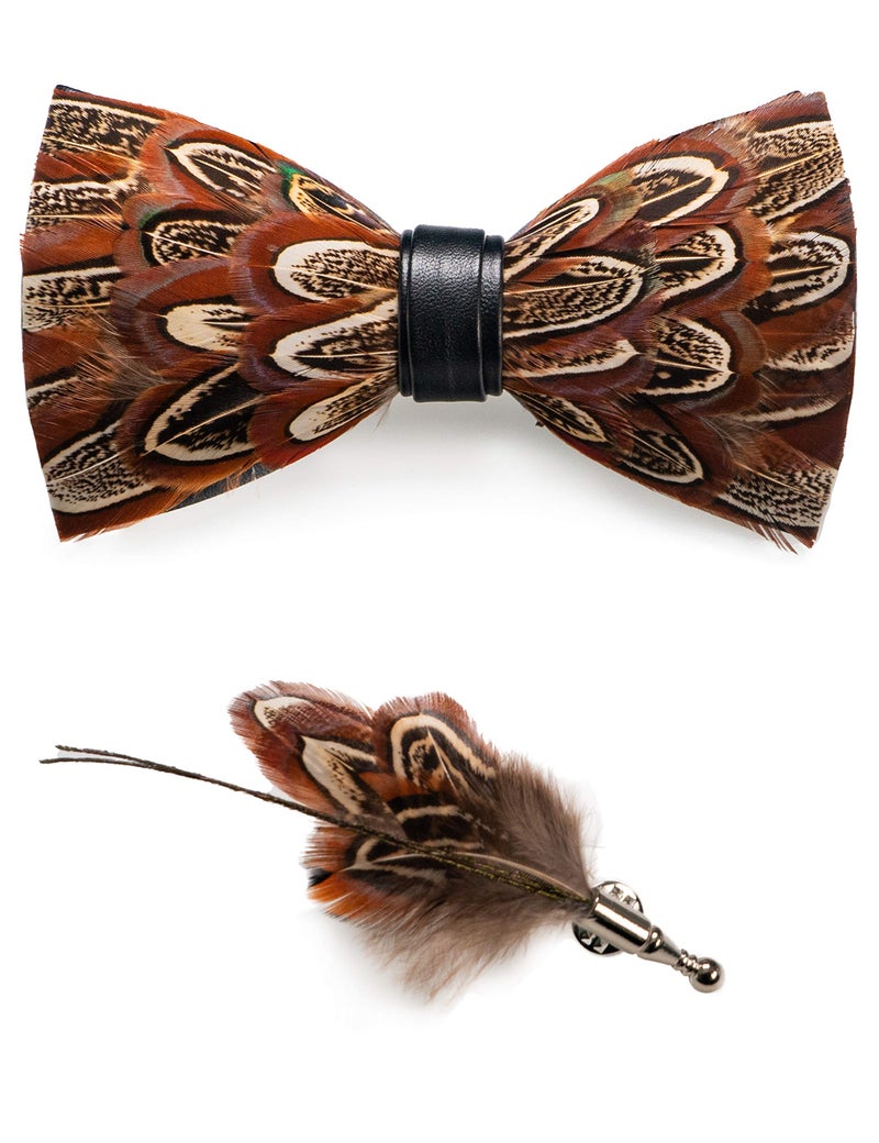 RBOCOTT Leather Feather Handmade Pre-tied Bow tie and Brooch Sets for Men(7) - Image 1
